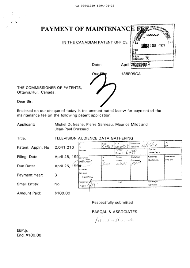 Document de brevet canadien 2041210. Taxes 19940425. Image 1 de 1