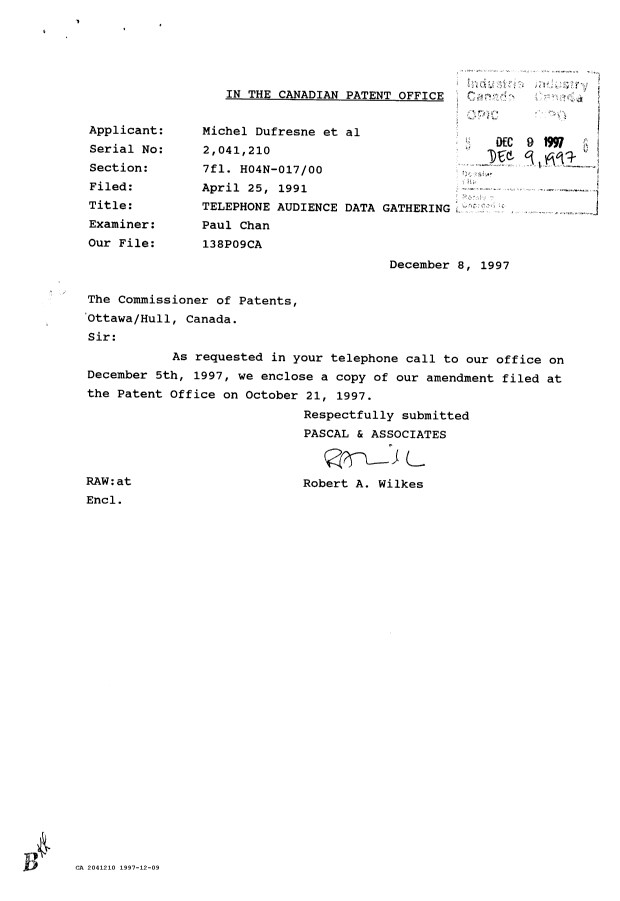 Canadian Patent Document 2041210. Prosecution Correspondence 19971209. Image 1 of 2