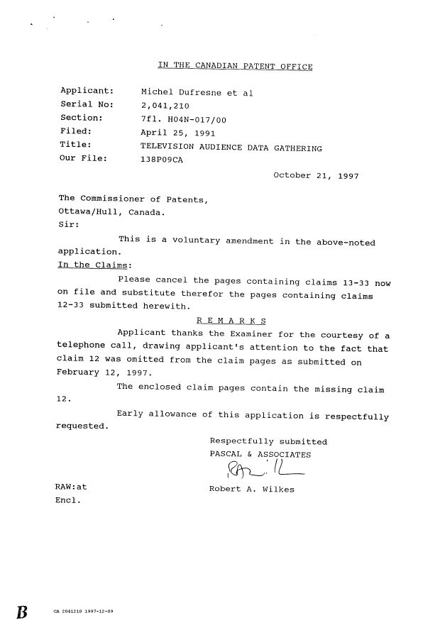 Canadian Patent Document 2041210. Prosecution Correspondence 19971209. Image 2 of 2