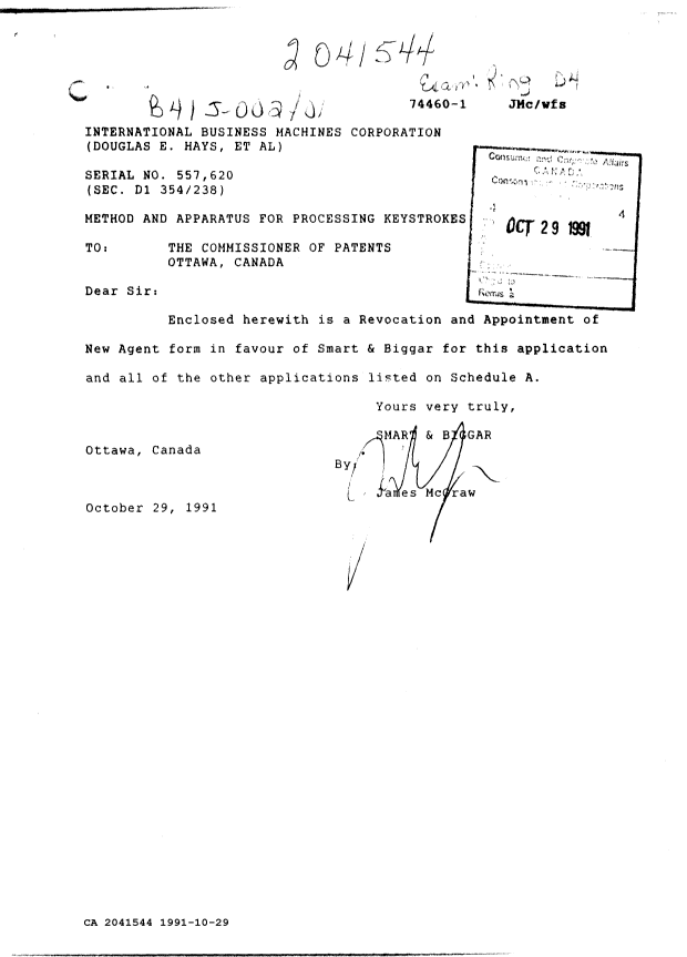 Document de brevet canadien 2041544. Correspondance reliée au PCT 19911029. Image 1 de 3