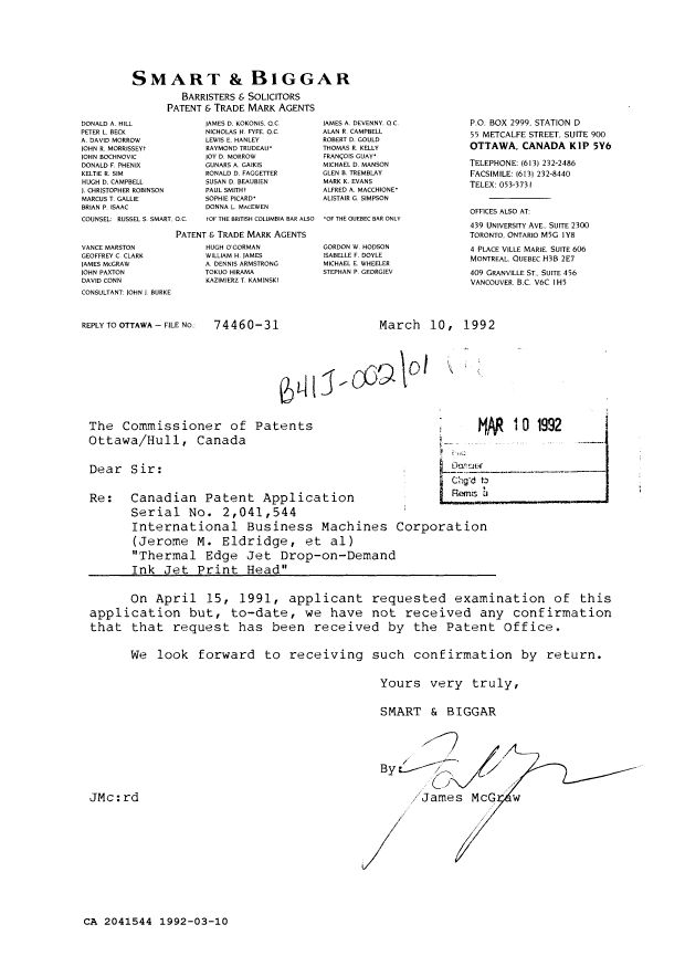 Document de brevet canadien 2041544. Correspondance de la poursuite 19920310. Image 1 de 1