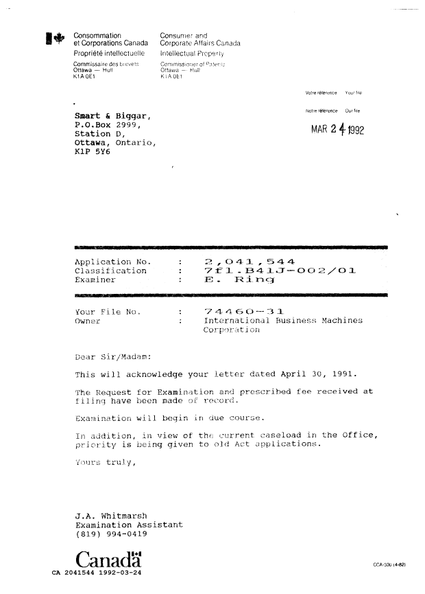Document de brevet canadien 2041544. Lettre du bureau 19920324. Image 1 de 1