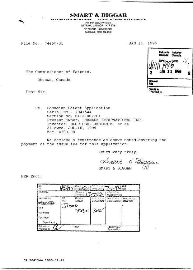 Document de brevet canadien 2041544. Correspondance reliée au PCT 19960111. Image 1 de 1