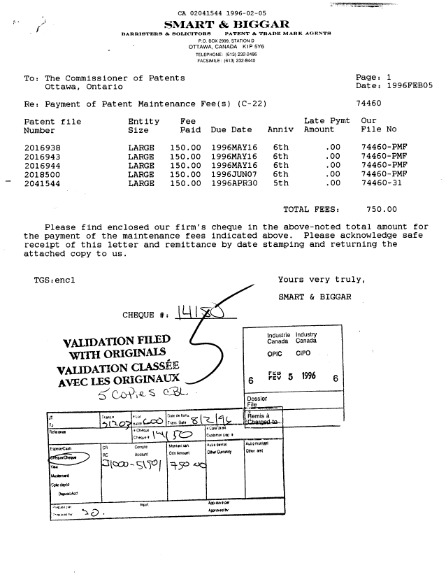 Document de brevet canadien 2041544. Taxes 19960205. Image 1 de 1