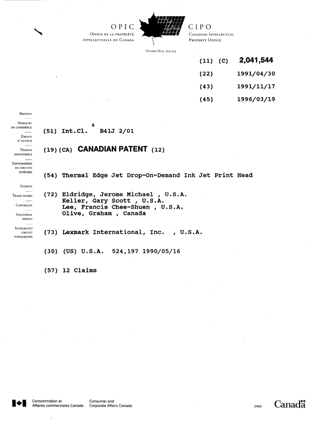 Document de brevet canadien 2041544. Page couverture 19960319. Image 1 de 1