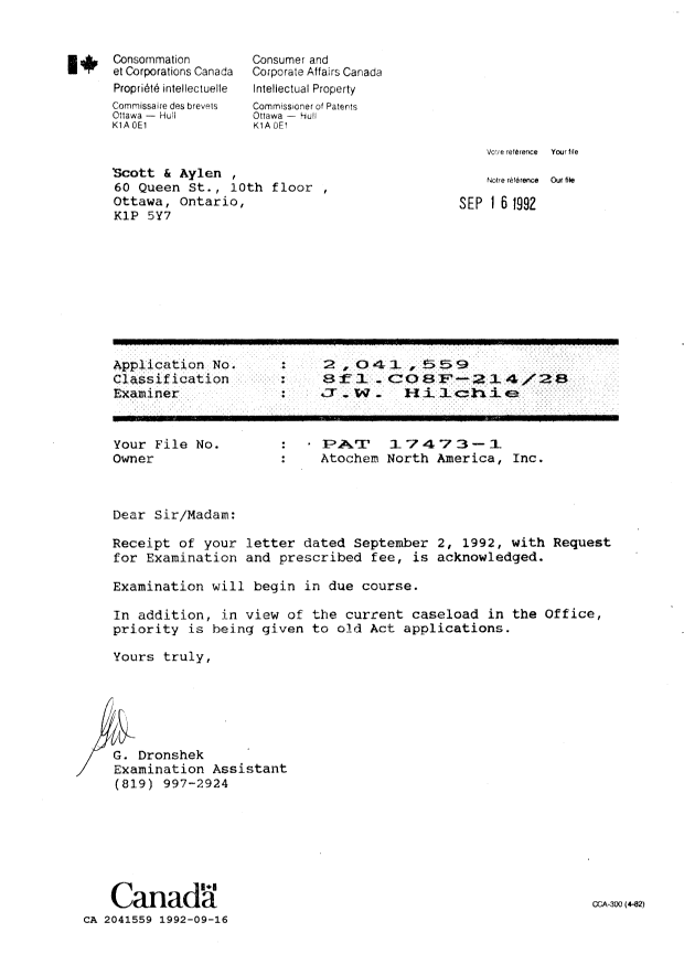 Canadian Patent Document 2041559. Office Letter 19920916. Image 1 of 1