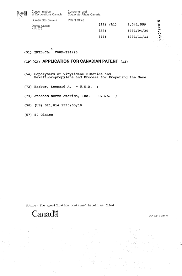 Canadian Patent Document 2041559. Cover Page 19940112. Image 1 of 1