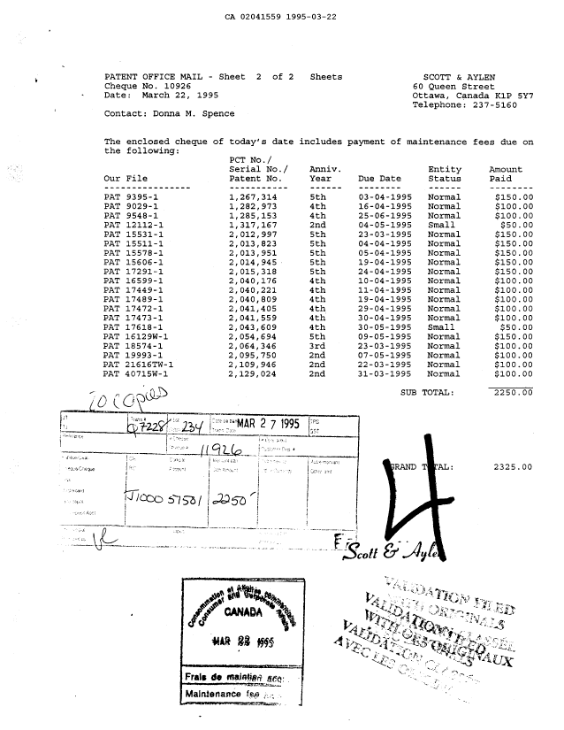 Canadian Patent Document 2041559. Fees 19950322. Image 1 of 1