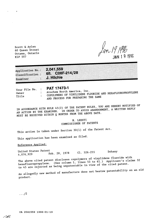 Canadian Patent Document 2041559. Examiner Requisition 19960119. Image 1 of 2