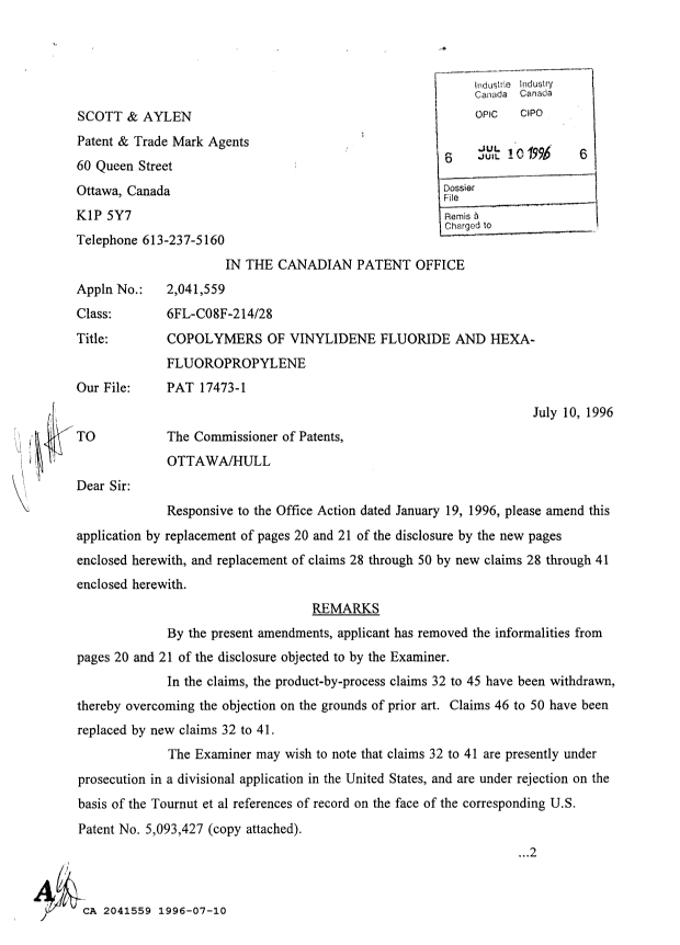 Canadian Patent Document 2041559. Prosecution Correspondence 19960710. Image 1 of 42