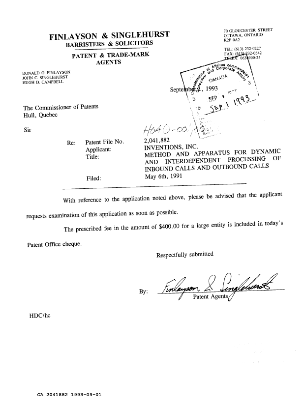 Canadian Patent Document 2041882. Prosecution Correspondence 19930901. Image 1 of 1