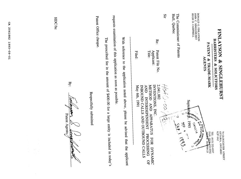 Canadian Patent Document 2041882. Prosecution Correspondence 19930901. Image 1 of 1