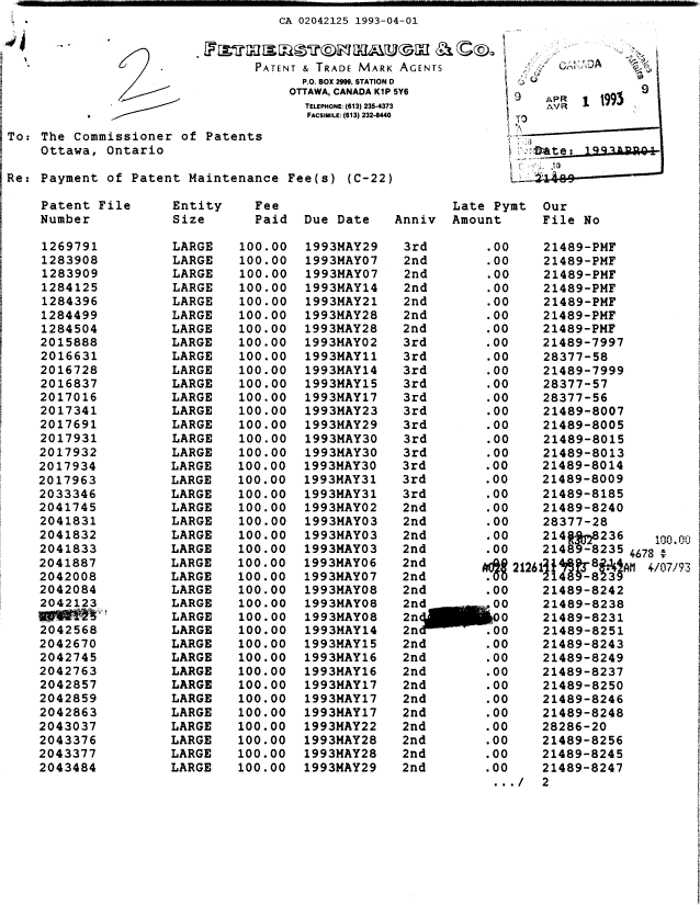 Canadian Patent Document 2042125. Fees 19921201. Image 1 of 2