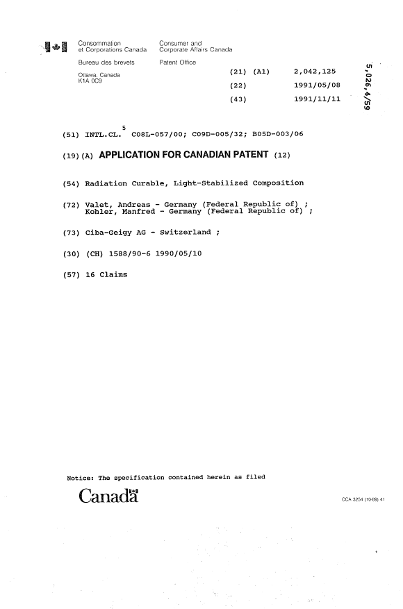 Canadian Patent Document 2042125. Cover Page 19931209. Image 1 of 1
