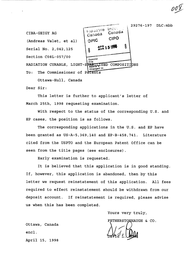 Canadian Patent Document 2042125. Prosecution-Amendment 19971215. Image 1 of 3