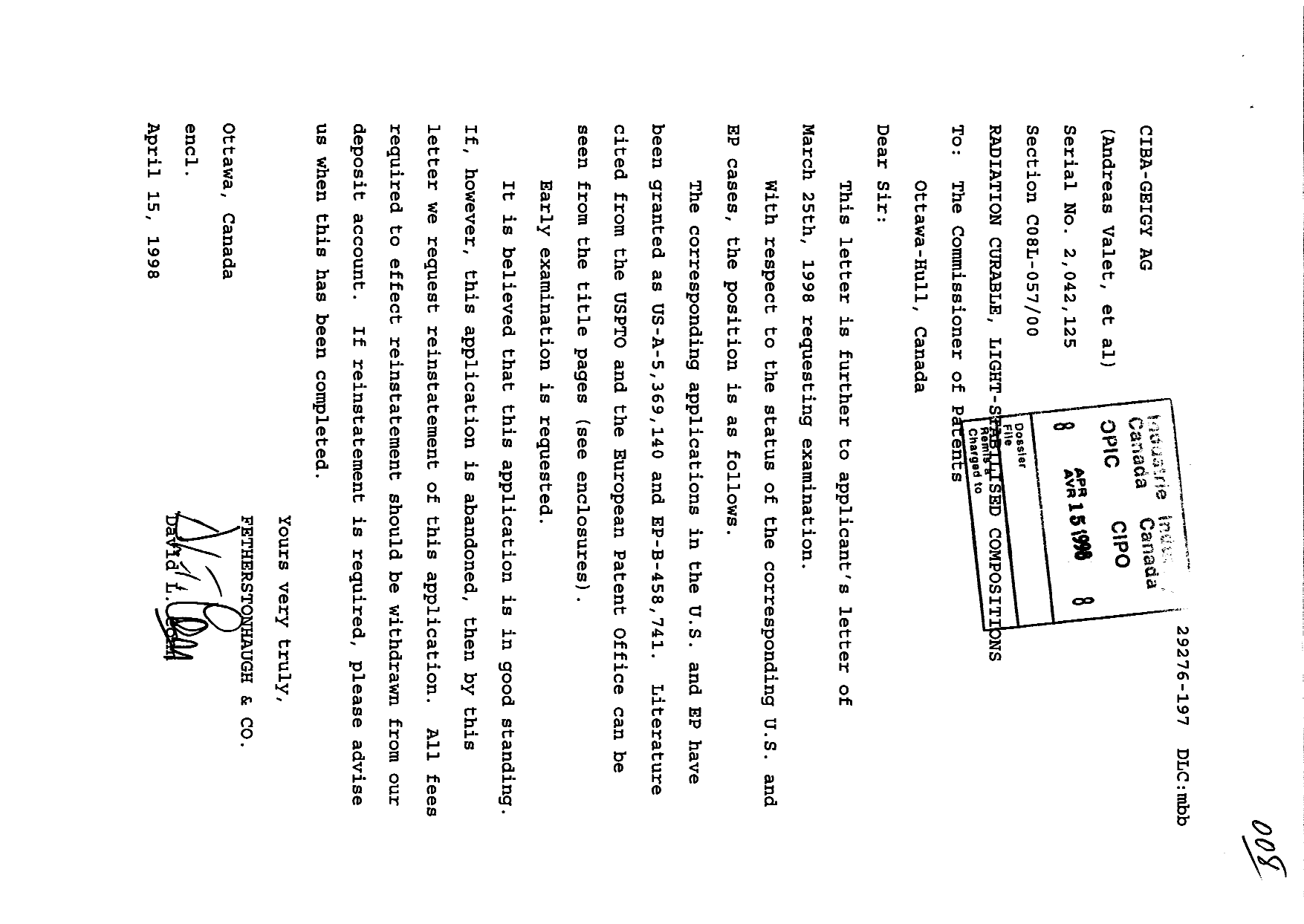 Canadian Patent Document 2042125. Prosecution-Amendment 19971215. Image 1 of 3