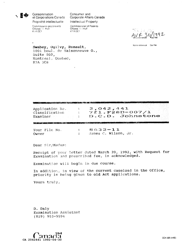 Canadian Patent Document 2042441. Office Letter 19920430. Image 1 of 1