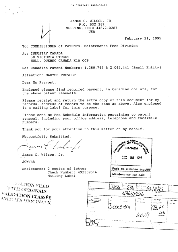 Canadian Patent Document 2042441. Fees 19950222. Image 1 of 1