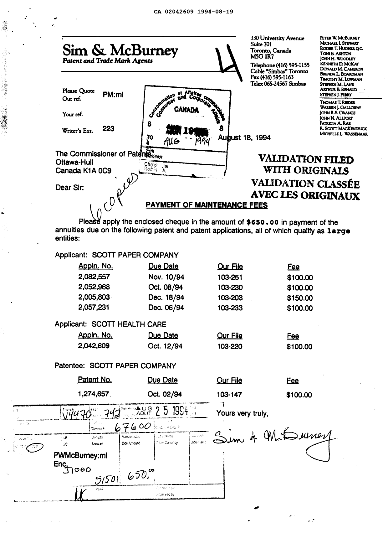 Canadian Patent Document 2042609. Fees 19940819. Image 1 of 1