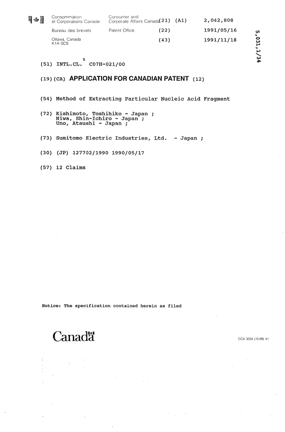 Canadian Patent Document 2042808. Cover Page 19940108. Image 1 of 1