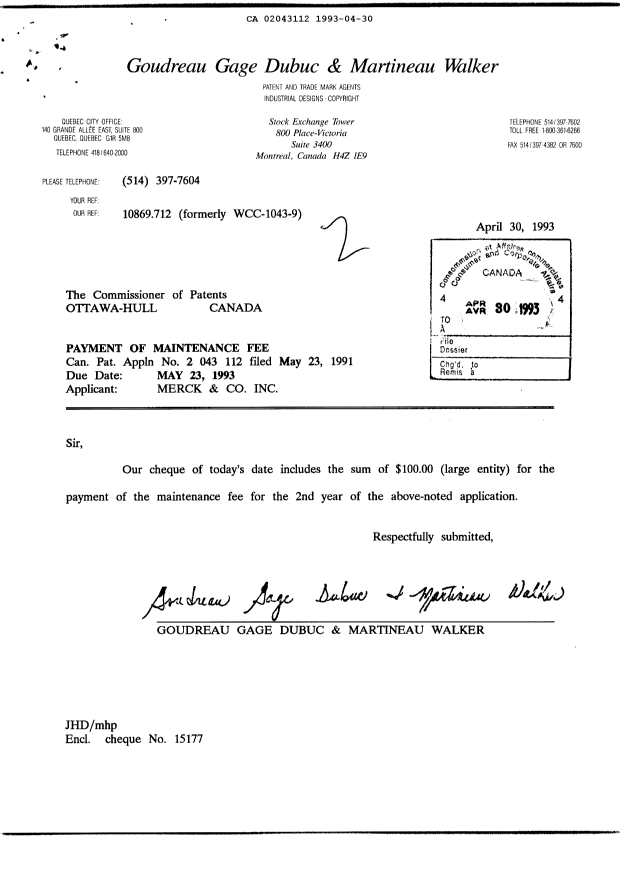 Document de brevet canadien 2043112. Taxes 19930430. Image 1 de 1