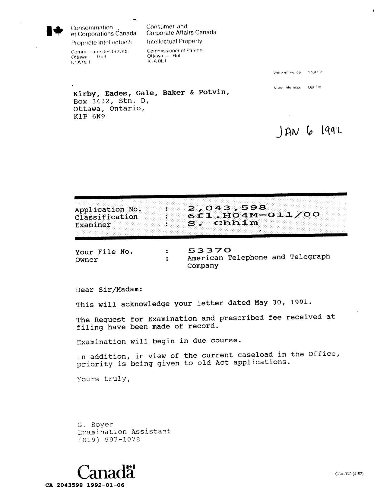 Canadian Patent Document 2043598. Office Letter 19920106. Image 1 of 1