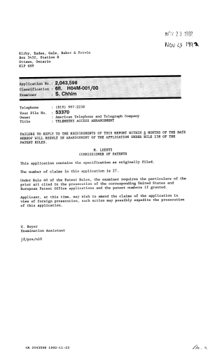 Canadian Patent Document 2043598. Examiner Requisition 19921123. Image 1 of 1