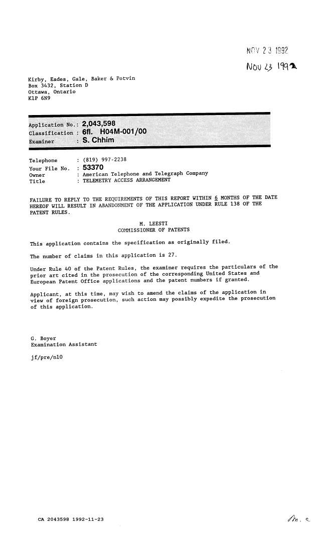Canadian Patent Document 2043598. Examiner Requisition 19921123. Image 1 of 1