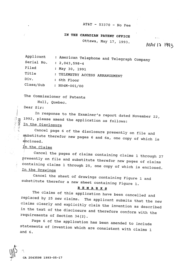 Document de brevet canadien 2043598. Correspondance de la poursuite 19930517. Image 1 de 6