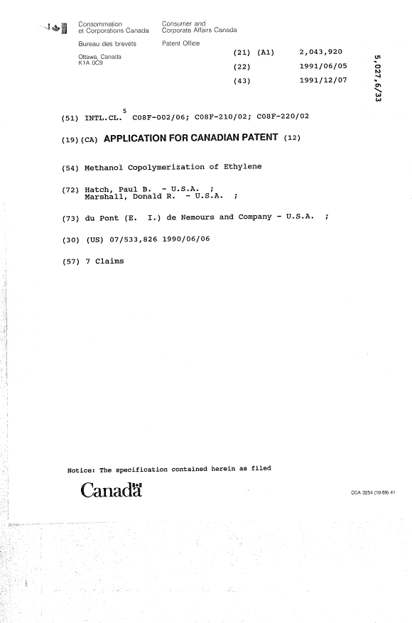 Canadian Patent Document 2043920. Cover Page 19921220. Image 1 of 1