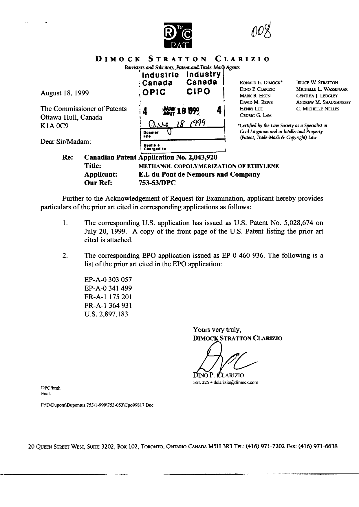 Document de brevet canadien 2043920. Poursuite-Amendment 19981218. Image 1 de 2