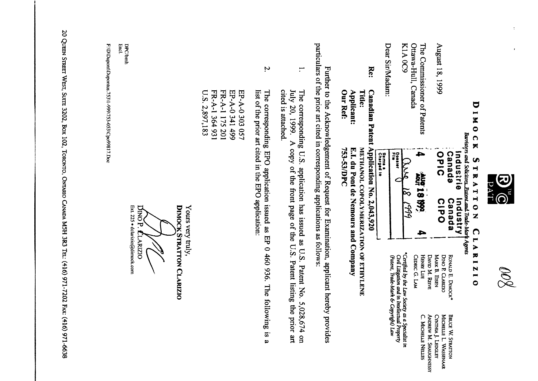 Canadian Patent Document 2043920. Prosecution-Amendment 19981218. Image 1 of 2