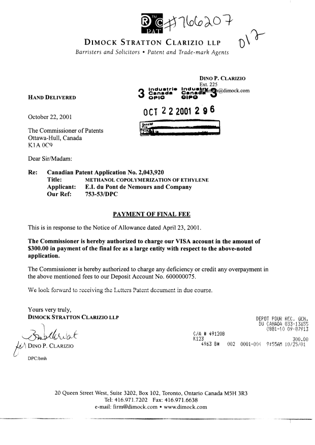 Canadian Patent Document 2043920. Correspondence 20001222. Image 1 of 1