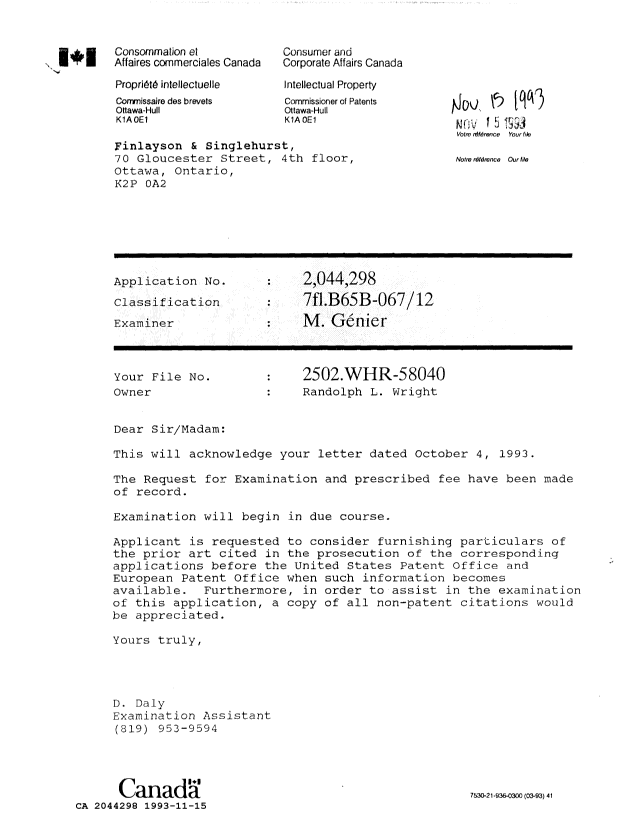 Document de brevet canadien 2044298. Lettre du bureau 19931115. Image 1 de 1