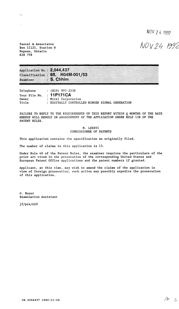 Canadian Patent Document 2044437. Prosecution-Amendment 19911224. Image 1 of 1