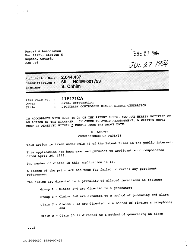 Canadian Patent Document 2044437. Prosecution-Amendment 19931227. Image 1 of 2