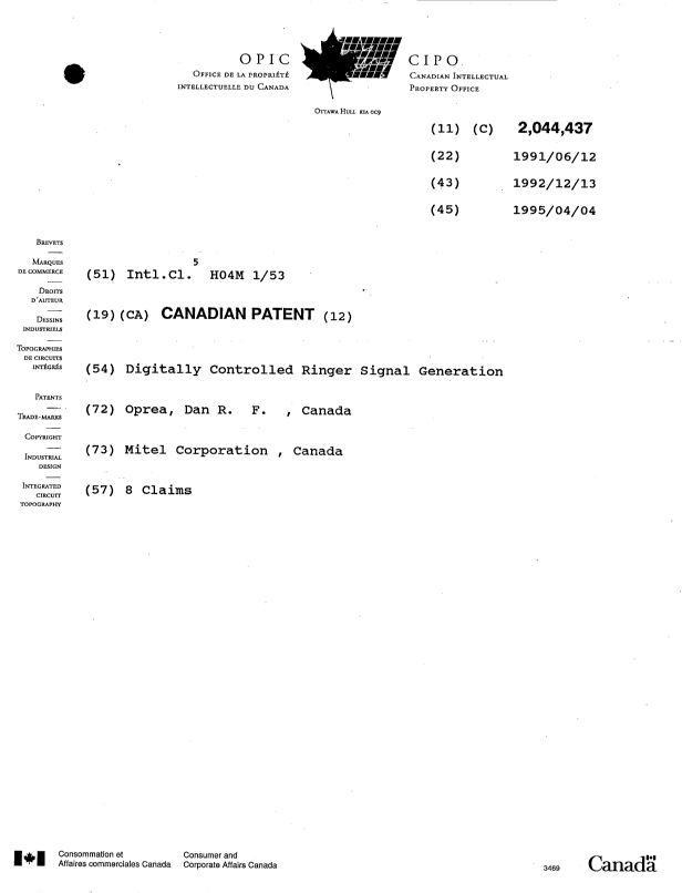 Canadian Patent Document 2044437. Cover Page 19941204. Image 1 of 1