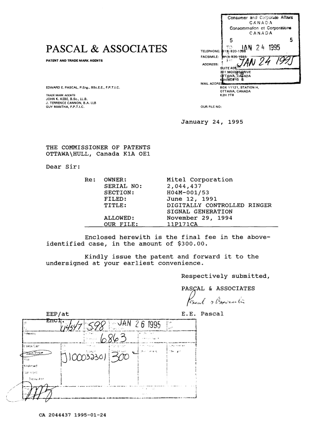 Canadian Patent Document 2044437. Correspondence 19941224. Image 1 of 1