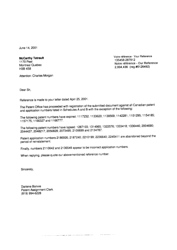 Canadian Patent Document 2044437. Correspondence 20001214. Image 1 of 1