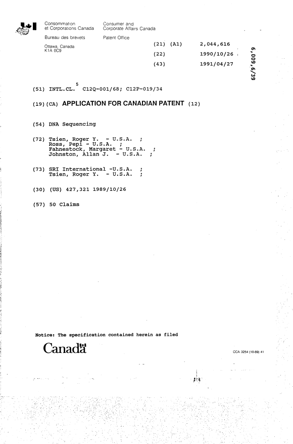 Canadian Patent Document 2044616. Cover Page 19910427. Image 1 of 1