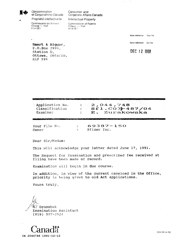 Canadian Patent Document 2044748. Correspondence 19901212. Image 1 of 1