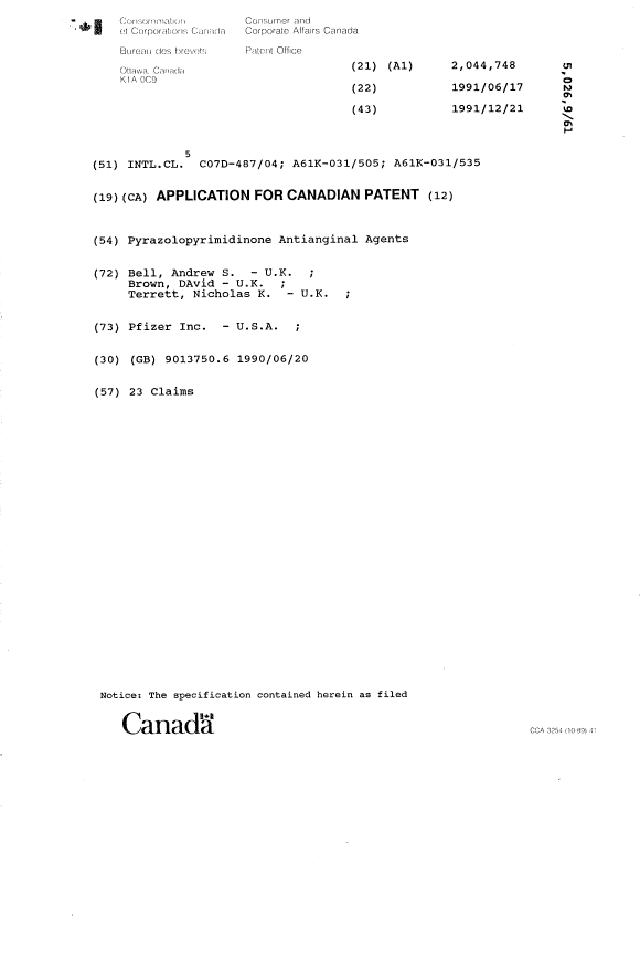 Canadian Patent Document 2044748. Cover Page 19921220. Image 1 of 1
