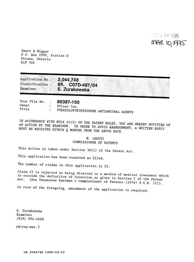 Document de brevet canadien 2044748. Demande d'examen 19950310. Image 1 de 1