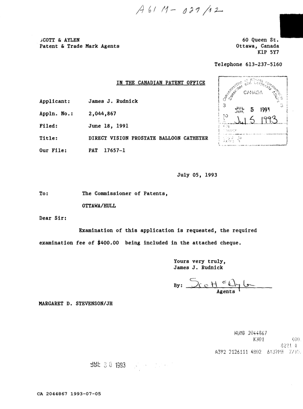 Canadian Patent Document 2044867. Prosecution Correspondence 19930705. Image 1 of 1