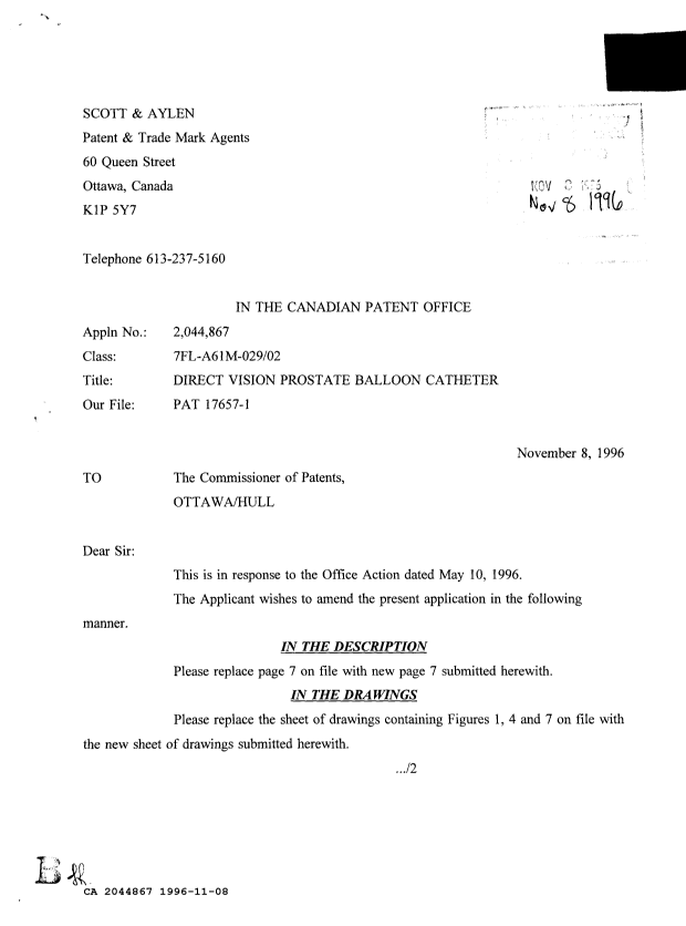 Canadian Patent Document 2044867. Prosecution Correspondence 19961108. Image 1 of 3