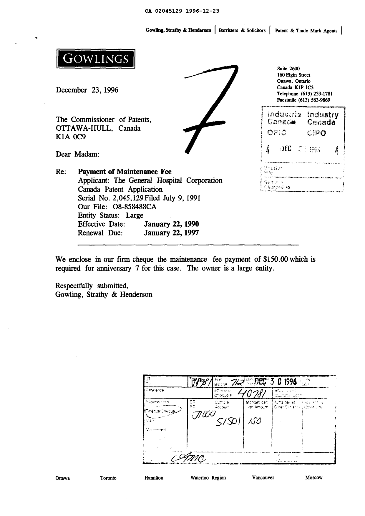 Canadian Patent Document 2045129. Fees 19961223. Image 1 of 1