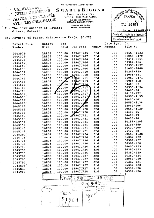 Document de brevet canadien 2045790. Taxes 19940519. Image 1 de 1