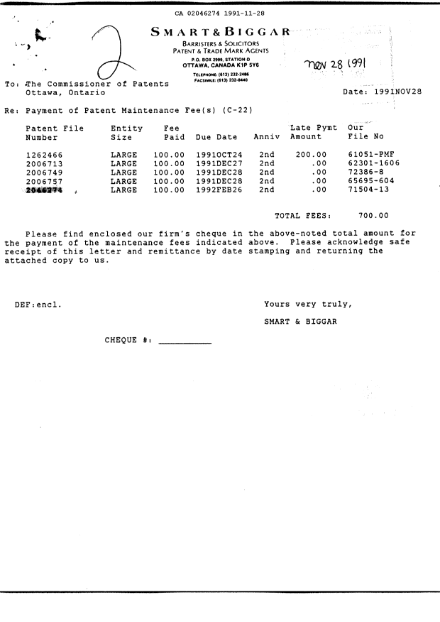 Document de brevet canadien 2046274. Taxes 19911128. Image 1 de 1