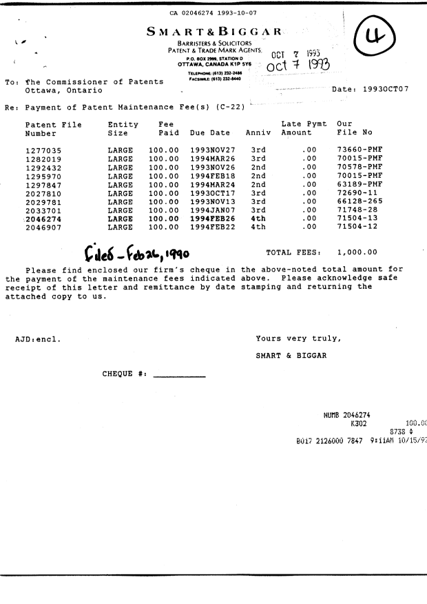 Document de brevet canadien 2046274. Taxes 19931007. Image 1 de 1