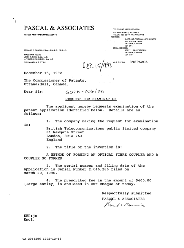 Document de brevet canadien 2046286. Correspondance de la poursuite 19921215. Image 1 de 1